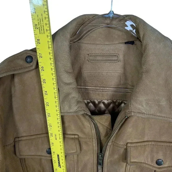Roundtree & Yorke Mens L Genuine Leather Bomber Jacket Tan Diamond Quilted Liner - Picture 12 of 16